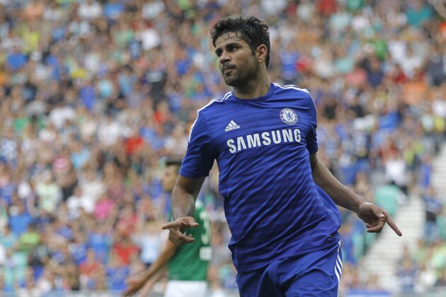 LJUBLJANA, SLOVENIA - JULY 27: Diego Costa of Chelsea celebrates the scoring the goal during the Pre Season Friendly  match between FC Olimpija Ljubljana and Chelsea at Stozice stadium in Ljubljana, Slovenia on Sunday, July 27, 2014. (Photo by Srdjan Stevanovic/Getty Images)
