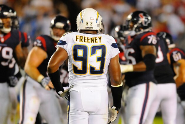 Sep 9, 2013; San Diego, CA, USA; San Diego Chargers linebacker Dwight Freeney (93) waits at the line during the first half against the Houston Texans at Qualcomm Stadium. Mandatory Credit: Christopher Hanewinckel-USA TODAY Sports Sep 9, 2013; San Diego, CA, USA; San Diego Chargers linebacker Dwight Freeney (93) waits at the line during the first half against the Houston Texans at Qualcomm Stadium. Mandatory Credit: Christopher Hanewinckel-USA TODAY Sports