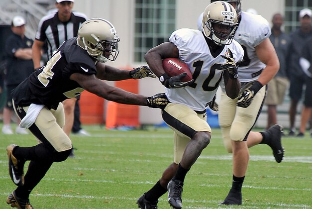New Orleans Saints wide receiver Brandin Cooks (10) during their NFL football training camp in White Sulphur Springs, W.Va., Saturday, Aug. 2, 2014. (AP Photo/Chris Tilley)