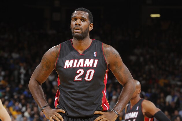 OAKLAND, CA - FEBRUARY 12: Greg Oden #20 of the Miami Heat in a game against the Golden State Warriors on February 12, 2014 at Oracle Arena in Oakland, California. NOTE TO USER: User expressly acknowledges and agrees that, by downloading and or using this photograph, user is consenting to the terms and conditions of Getty Images License Agreement. Mandatory Copyright Notice: Copyright 2014 NBAE (Photo by Rocky Widner/NBAE via Getty Images)