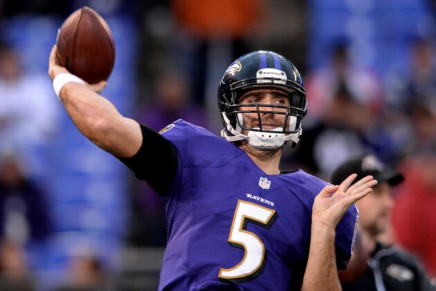 BALTIMORE, MD - DECEMBER 22: Quarterback Joe Flacco #5 of the Baltimore Ravens throws during warmups before playing the New England Patriots at M&T Bank Stadium on December 22, 2013 in Baltimore, Maryland. (Photo by Patrick Smith/Getty Images)