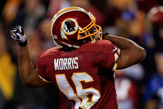 LANDOVER, MD - DECEMBER 01:  Alfred Morris #46 of the Washington Redskins celebrates after scoring a one yard touchdown in the first quarter against the New York Giants during their game at FedExField on December 1, 2013 in Landover, Maryland.  (Photo by Rob Carr/Getty Images)