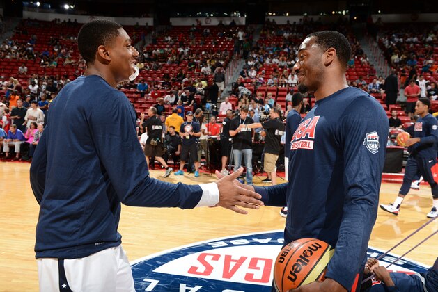 LAS VEGAS, NV - AUGUST 1: Bradley Beal #28 shakes hands with John Wall #30 shake hands prior to the game. Where the USAB scrimmaged on August 1, 2014 at the Thomas & Mack Center in Las Vegas, Nevada. NOTE TO USER: User expressly acknowledges and agrees that, by downloading and/or using this Photograph, user is consenting to the terms and conditions of the Getty Images License Agreement. Mandatory Copyright Notice: Copyright 2014 NBAE (Photo by Garrett W. Ellwood/NBAE via Getty Images)