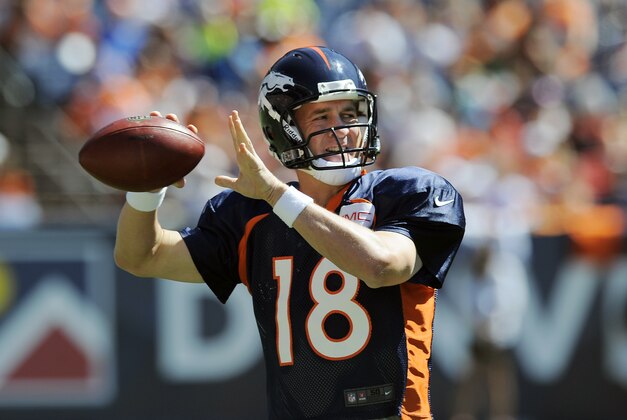 Denver Broncos quarterback Peyton Manning warms up before the start of the NFL Broncos Summer Scrimmage at Sports Authority Field at Mile High on Saturday, Aug. 2, 2014, in Denver. (AP Photo/Chris Schneider)