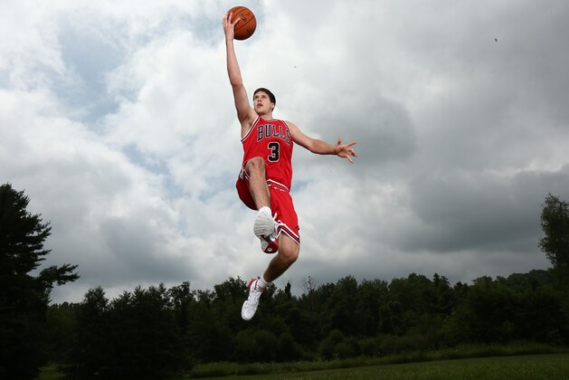 TARRYTOWN, NY - AUGUST 3: Doug McDermott #3 of the Chicago Bulls poses for a portrait during the 2014 NBA rookie photo shoot on August 3, 2014 at the Madison Square Garden Training Facility in Tarrytown, New York. NOTE TO USER: User expressly acknowledges and agrees that, by downloading and or using this photograph, User is consenting to the terms and conditions of the Getty Images License Agreement. Mandatory Copyright Notice: Copyright 2014 NBAE (Photo by Nathaniel S. Butler/NBAE via Getty Images)