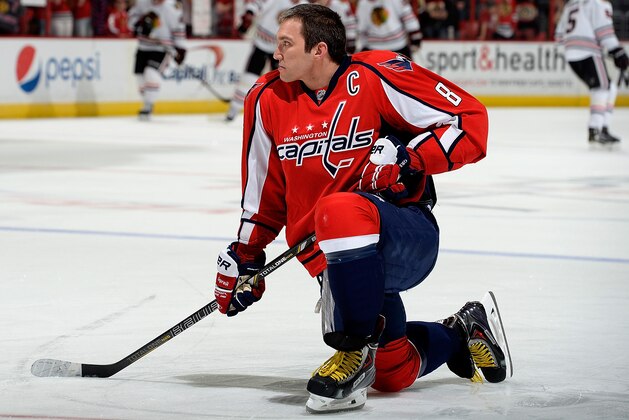 WASHINGTON, DC - APRIL 11:  Alex Ovechkin #8 of the Washington Capitals warms up before an NHL game against the Chicago Blackhawks at Verizon Center on April 11, 2014 in Washington, DC.  (Photo by Patrick McDermott/NHLI via Getty Images)
