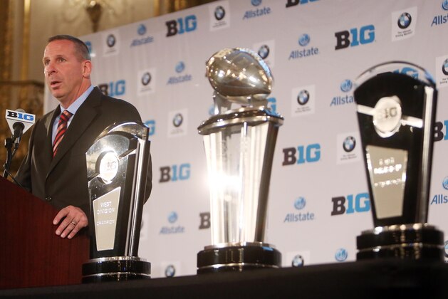 Jul 28, 2014; Chicago, IL, USA; Nebraska Cornhuskers head coach Bo Pelini addresses the media during the Big Ten football media day at Hilton Chicago. Mandatory Credit: Jerry Lai-USA TODAY Sports