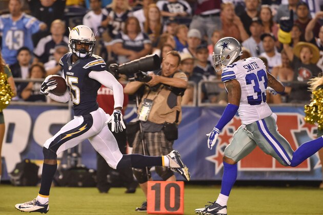 San Diego Chargers wide receiver Dontrelle Inman out runs Dallas Cowboys defensive back Ryan Smith with a 70 yard touchdown reception during the second half of a preseason NFL football game Thursday, Aug. 7, 2014, in San Diego. (AP Photo/Denis Poroy)