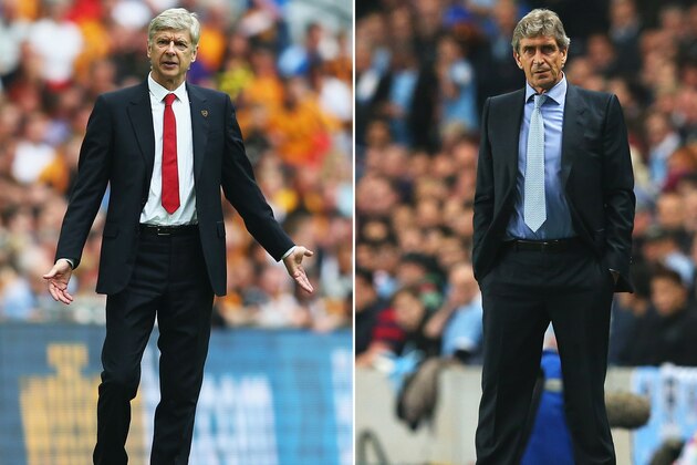 FILE PHOTO - (EDITORS NOTE: COMPOSITE OF TWO IMAGES - Image numbers (L) 491737577 and 182933633) In this composite image a comparision has been made between Arsene Wenger, Manager of Arsenal (L) and Manuel Pellegrini, Manager of Manchester City.  Manchester City  and  Arsenal play in the FA Community Shield at Wembley Stadium on August 10,2014 in London,England.  ***LEFT IMAGE*** LONDON, ENGLAND - MAY 17: Arsene Wenger manager of Arsenal reacts during the FA Cup with Budweiser Final match between Arsenal and Hull City at Wembley Stadium on May 17, 2014 in London, England. (Photo by Clive Mason/Getty Images) ****RIGHT IMAGE****  MANCHESTER, ENGLAND - OCTOBER 02: Manuel Pellegrini, coach of Manchester City looks on during the UEFA Champions League Group D match between Manchester City and FC Bayern Muenchen at Etihad Stadium on October 2, 2013 in Manchester, England. (Photo by Julian Finney/Getty Images)