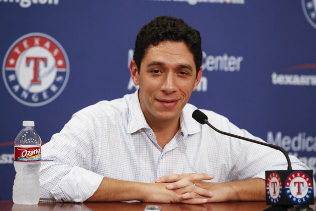 Texas Rangers general manager Jon Daniels talks to the media before a baseball game against the Los Angeles Angels, Wednesday, July 31, 2013, in Arlington, Texas. (AP Photo/Jim Cowsert)