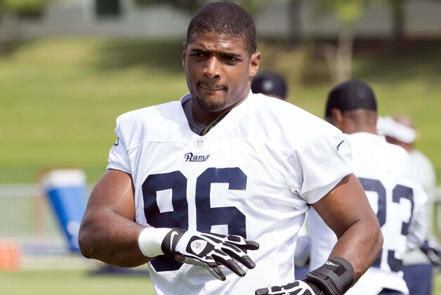 Jul 25, 2014; Earth City, MO, USA; St. Louis Rams defensive end Michael Sam (96) during training camp at Rams Park. Mandatory Credit: Scott Rovak-USA TODAY Sports