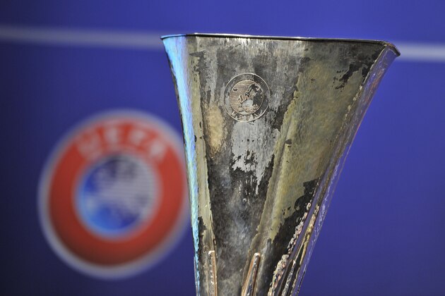 NYON, SWITZERLAND - JULY 18:  The UEFA Europa League trophy is prepared for the UEFA 2014/15 Europa League third qualifying rounds draw at the UEFA headquarters, The House of European Football, on July 18, 2014 in Nyon, Switzerland.  (Photo by Harold Cunningham/Getty Images for UEFA)