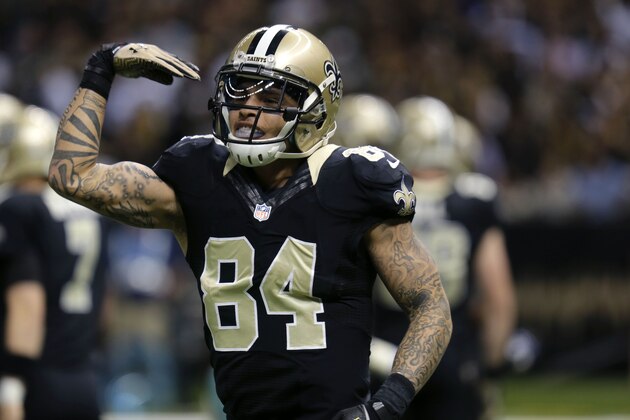 New Orleans Saints wide receiver Kenny Stills (84) celebrates his touchdown reception in the second half of an NFL football game against the Dallas Cowboys in New Orleans, Sunday, Nov. 10, 2013.  The Saints won 49-17. (AP Photo/Bill Haber)