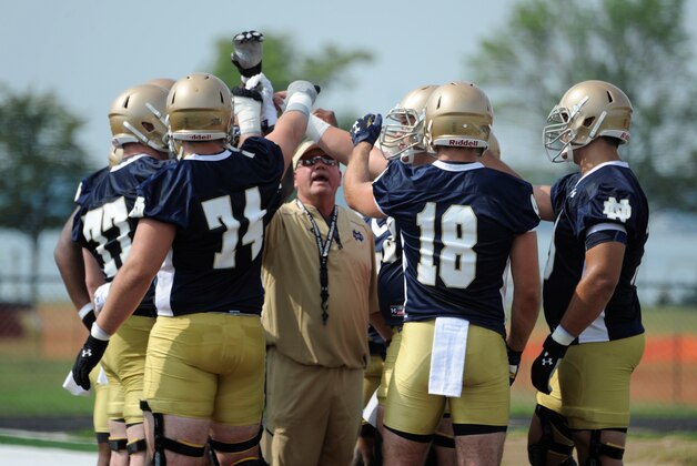Notre Dame coach Brian Kelly huddles with the offense at Culver Academies at the beginning of fall practice Monday August 4, 2014 in Culver, Ind. Notre Dame opens the season against Rice at home Saturday Aug. 30. (AP Photo/Joe Raymond) Notre Dame coach Brian Kelly huddles with the offense at Culver Academies at the beginning of fall practice Monday August 4, 2014 in Culver, Ind. Notre Dame opens the season against Rice at home Saturday Aug. 30. (AP Photo/Joe Raymond)