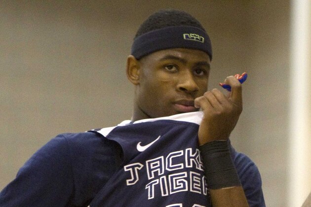Jul 13, 2013; North Augusta, SC, USA;  Jackson Tigers player Malik Newman (12) reacts after the play during the Nike Peach Jam at the Riverview Park Activities Center. Mandatory Credit: Joshua S. Kelly-USA TODAY Sports