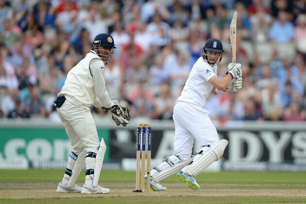 MANCHESTER, ENGLAND - AUGUST 08:  Joe Root of England bats during day two of 4th Investec Test match between England and India at Old Trafford on August 8, 2014 in Manchester, England.  (Photo by Gareth Copley/Getty Images)