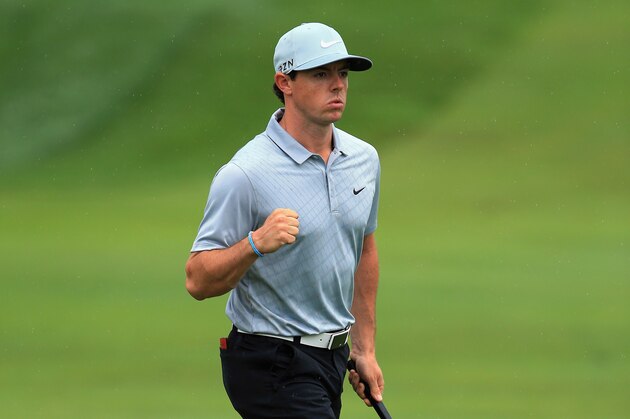 LOUISVILLE, KY - AUGUST 08:  Rory McIlroy of Northern Ireland celebrates an eagle putt on the 18th green during the second round of the 96th PGA Championship at Valhalla Golf Club on August 8, 2014 in Louisville, Kentucky.  (Photo by David Cannon/Getty Images)