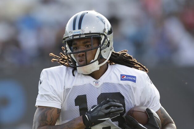 Carolina Panthers' Kelvin Benjamin runs after a catch during an NFL football practice at their training camp in Spartanburg, S.C., Saturday, July 26, 2014. (AP Photo/Chuck Burton)