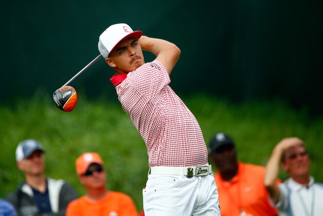 LOUISVILLE, KY - AUGUST 08:  Rickie Fowler of the United States hits his tee shot on the 16th hole during the second round of the 96th PGA Championship at Valhalla Golf Club on August 8, 2014 in Louisville, Kentucky.  (Photo by Sam Greenwood/Getty Images)