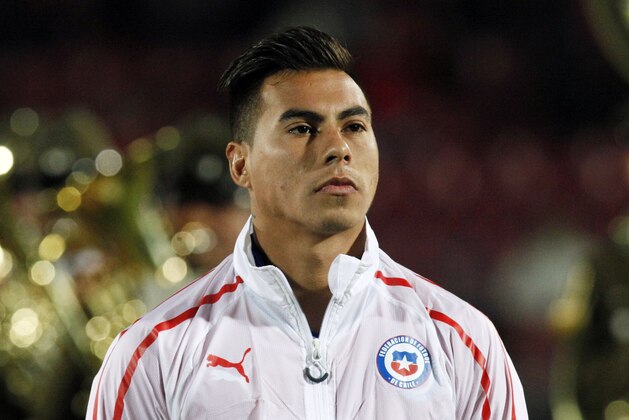 Chile's Eduardo Vargas before the start of a friendly match against Egypt in Santiago, Chile, Friday, May 30, 2014. (AP Photo/Luis Hidalgo)