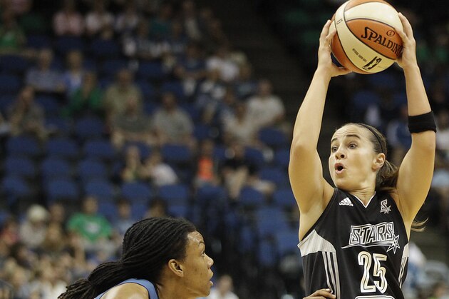 San Antonio Stars guard Becky Hammon (25) looks to pass the ball against Minnesota Lynx guard Tan White in the second half of a WNBA basketball game on Thursday, July 3, 2014, in Minneapolis. (AP Photo/Stacy Bengs)