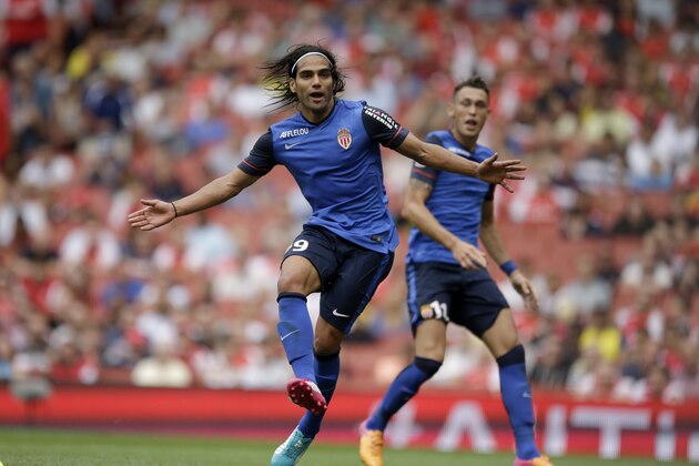 AS Monaco's Radamel Falcao shouts for the ball during the Emirates Cup soccer match between AS Monaco and Valencia at Arsenal's Emirates Stadium in London, Saturday, Aug. 2, 2014.  (AP Photo/Matt Dunham)