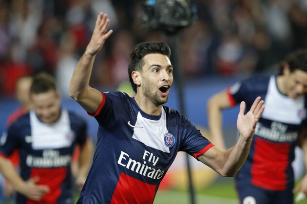 Paris Saint-Germain's Javier Pastore runs as he celebrates scoring his sides third goal of the gameduring a Champions League quarterfinal first leg soccer match between Paris Saint-Germain and Chelsea at Parc des Princes stadium in Paris, Wednesday, April 2, 2014. Paris Saint Germain won 3-1. (AP Photo/Michel Euler)