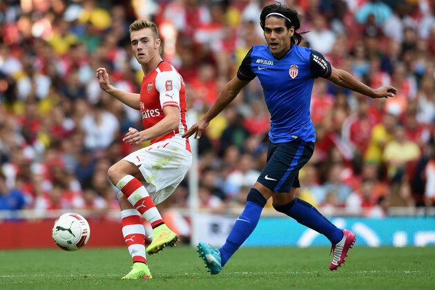LONDON, ENGLAND - AUGUST 03:  Calum Chambers of Arsenal in action with Radamel Falcao of Monaco during the Emirates Cup match between Arsenal and AS Monaco at the Emirates Stadium on August 3, 2014 in London, England.  (Photo by Michael Regan/Getty Images)