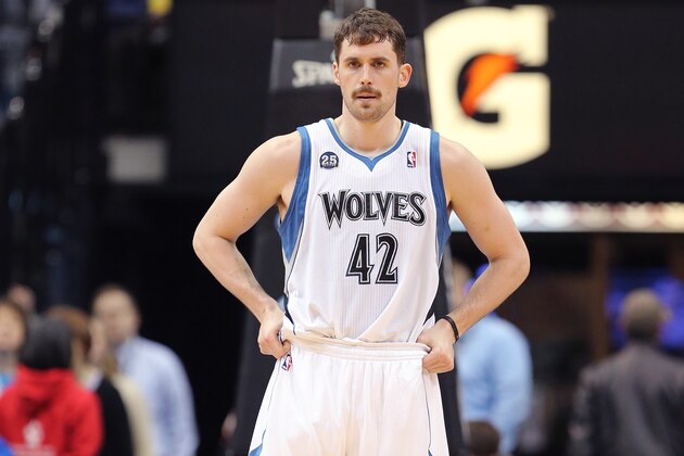 MINNEAPOLIS, MN - April 16:  Kevin Love #42 of the Minnesota Timberwolves stands on the court against the Utah Jazz on April 16, 2014 at Target Center in Minneapolis, Minnesota. NOTE TO USER: User expressly acknowledges and agrees that, by downloading and or using this Photograph, user is consenting to the terms and conditions of the Getty Images License Agreement. Mandatory Copyright Notice: Copyright 2014 NBAE (Photo by Jordan Johnson/NBAE via Getty Images)