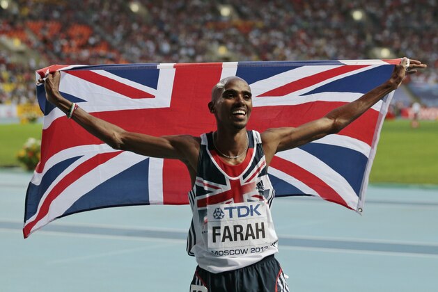 FILE - In this Friday, Aug. 16, 2013, file photo, Britain's Mo Farah celebrates winning the men's 5000-meter final at the World Athletics Championships in the Luzhniki stadium in Moscow, Russia.  Double Olympic gold medalist Mo Farah has pulled out of the Commonwealth Games because he has not recovered fully from a recent illness. (AP Photo/Ivan Sekretarev, File)