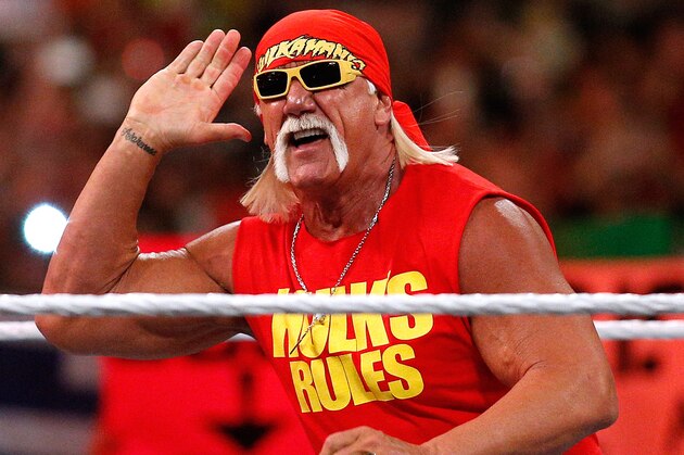 Hulk Hogan reacts during Wrestlemania XXX at the Mercedes-Benz Super Dome in New Orleans on Sunday, April 6, 2014. (Jonathan Bachman/AP Images for WWE)