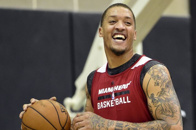 Jun 7, 2014; San Antonio, TX, USA; Miami Heat forward Michael Beasley (8) laughs during practice before game 2 of the 2014 NBA Finals at Spurs Practice Facility. Mandatory Credit: Bob Donnan-USA TODAY Sports