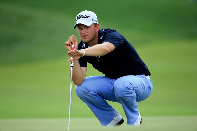 LOUISVILLE, KY - AUGUST 09: Bernd Wiesberger of Austria lines up his putt on the seventh green during the third round of the 96th PGA Championship at Valhalla Golf Club on August 9, 2014 in Louisville, Kentucky.  (Photo by David Cannon/Getty Images)