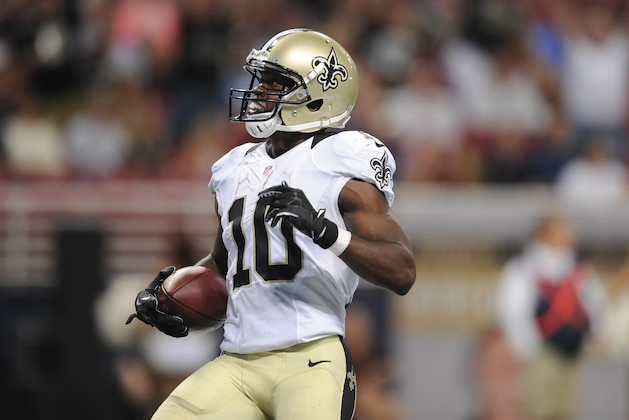 New Orleans Saints wide receiver Brandin Cooks (10) scores a touchdown on a 25-yard pass reception in the third quarter of a preseason NFL football game against the St. Louis Rams Friday, Aug. 8, 2014, in St. Louis. (AP Photo/L.G. Patterson)