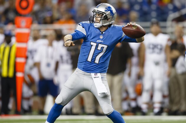 Detroit Lions quarterback Kellen Moore (17) passes the ball against the Cleveland Browns during a preseason NFL football game at Ford Field in Detroit, Saturday, Aug. 9, 2014. (AP Photo/Rick Osentoski)