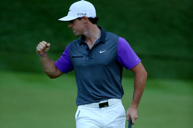 LOUISVILLE, KY - AUGUST 10:  Rory McIlroy of Northern Ireland celebrates a putt for birdie on the 17th green during the final round of the 96th PGA Championship at Valhalla Golf Club on August 10, 2014 in Louisville, Kentucky.  (Photo by Andy Lyons/Getty Images)