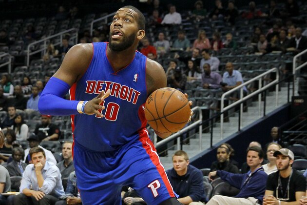 Detroit Pistons forward Greg Monroe (10) drives to the basket in an NBA basketball game against the Atlanta Hawks in Atlanta, Tuesday, April 8, 2014. The Pistons won the game 102-95 (AP Photo/Todd Kirkland)