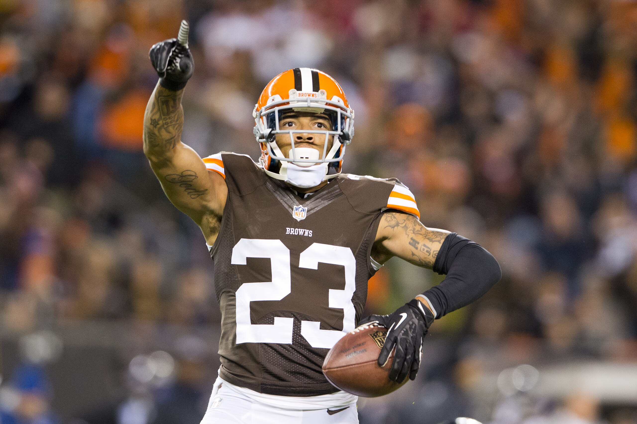 CLEVELAND, OH - NOVEMBER 3: Cornerback Joe Haden #23 of the Cleveland Browns celebrates after catching and interception during the first half against the Baltimore Ravens at FirstEnergy Stadium on November 3, 2013 in Cleveland, Ohio. (Photo by Jason Miller/Getty Images)
