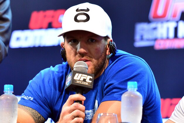 Sep 4, 2013; Belo Horizonte, BRAZIL; Ryan Bader addresses the media after UFC Fight Night at Mineirinho Arena. Mandatory Credit: Jason Silva-USA TODAY Sports