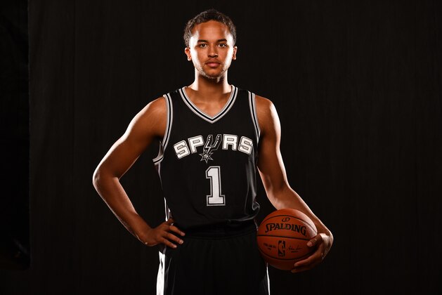 TARRYTOWN, NY - AUGUST 3:  Kyle Anderson #1 of the San Antonio Spurs poses for a portrait during the 2014 NBA rookie photo shoot on August 3, 2014 at the Madison Square Garden Training Facility in Tarrytown, New York. NOTE TO USER: User expressly acknowledges and agrees that, by downloading and or using this photograph, User is consenting to the terms and conditions of the Getty Images License Agreement. Mandatory Copyright Notice: Copyright 2014 NBAE (Photo by Brian Babineau /NBAE via Getty Images)