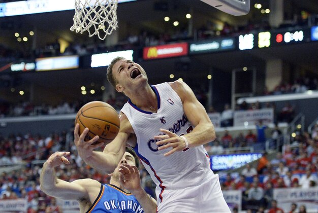 May 15, 2014; Los Angeles, CA, USA; Los Angeles Clippers forward Blake Griffin (32) shoots against Oklahoma City Thunder forward Nick Collison (4) during the third quarter in game six of the second round of the 2014 NBA Playoffs at Staples Center. Mandatory Credit: Richard Mackson-USA TODAY Sports