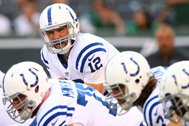 EAST RUTHERFORD, NJ - AUGUST 07:  quarterback Andrew Luck #12 of the Indianapolis Colts warms up prior to a preseason game against the New York Jets at MetLife Stadium on August 7, 2014 in East Rutherford, New Jersey.  (Photo by Elsa/Getty Images)