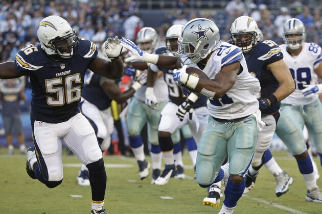 Dallas Cowboys running back Joseph Randle, right, battles San Diego Chargers inside linebacker Donald Butler while running with the ball during the first half of a preseason NFL football game Thursday, Aug. 7, 2014, in San Diego. (AP Photo/Jae C. Hong)