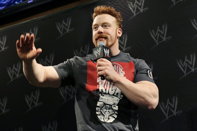 Stephen Farrelly, of Ireland, known as Sheamus, answers a question during a news conference before the WWE Wrestlemania 29 wrestling event, Sunday, April 7, 2013, in East Rutherford, N.J. (AP Photo/Mel Evans)