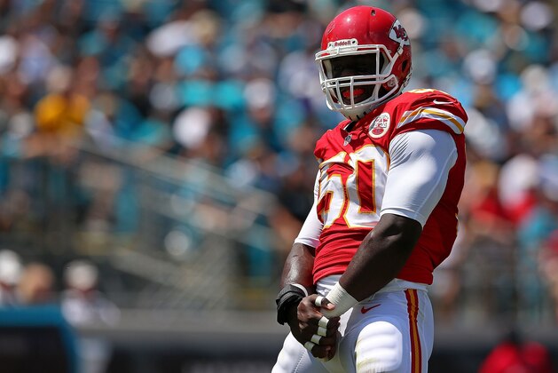JACKSONVILLE, FL - SEPTEMBER 08: Justin Houston #50 of the Kansas City Chiefs celebrates a sack during a game  against the Jacksonville Jaguarsat EverBank Field on September 8, 2013 in Jacksonville, Florida.  (Photo by Mike Ehrmann/Getty Images)