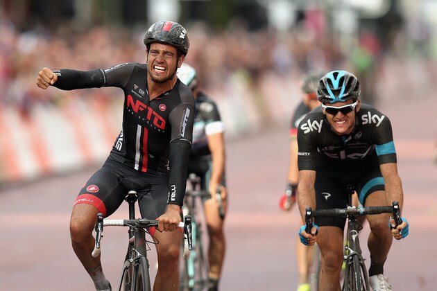 LONDON, ENGLAND - AUGUST 10: Adam Blyth (l) of Great Britain and NFTO celebrates beating Ben Swift of Great Britain and Team SKY to win the Prudential RideLondon-Surrey Classic from the Queen Elizabeth Olympic Park to The Mall on August 10, 2014 in London, England. (Photo by Bryn Lennon/Getty Images) LONDON, ENGLAND - AUGUST 10: Adam Blyth (l) of Great Britain and NFTO celebrates beating Ben Swift of Great Britain and Team SKY to win the Prudential RideLondon-Surrey Classic from the Queen Elizabeth Olympic Park to The Mall on August 10, 2014 in London, England. (Photo by Bryn Lennon/Getty Images)