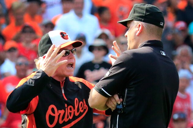 BALTIMORE, MD - AUGUST 10: Manager Buck Showalter of the Baltimore Orioles argues with second base umpire Jeff Nelson after being ejected during the sixth inning against the St. Louis Cardinals  at Oriole Park at Camden Yards on August 10, 2014 in Baltimore, Maryland. The Cardinals won 8-3. (Photo by Rob Carr/Getty Images)