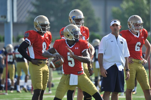 Notre Dame quarterback Everett Golson works on footwork as quarterback's coach Matt LaFleur, right, and quarterback Malik Zaire, left, look on Saturday Aug. 9, 2014 in South Bend, Ind. Notre Dame opens the season against Rice at home Saturday Aug. 30. (AP Photo/Joe Raymond)