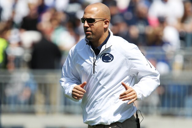 Apr 12, 2014; State College, PA, USA; Penn State Nittany Lions head coach James Franklin runs on the field prior to the Blue White spring game at Beaver Stadium. Mandatory Credit: Matthew O'Haren-USA TODAY Sports