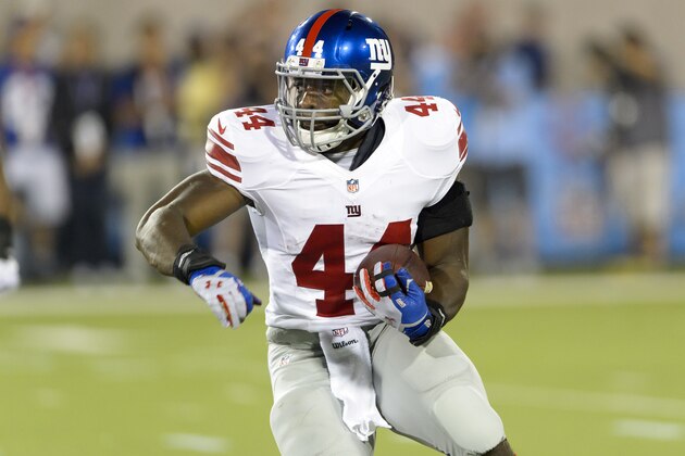 CANTON, OH - AUGUST 3: Running back Andre Williams #44 of the New York Giants runs for a gain during the second quarter against the Buffalo Bills at the 2014 NFL Hall of Fame Game at Fawcett Stadium on August 3, 2014 in Canton, Ohio. (Photo by Jason Miller/Getty Images)